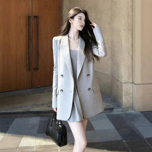 XUECAIQI | Elegant Casual Gray Striped Ladies Suit Dress