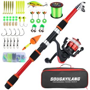 Sougayilang 1.8m Fishing Pole Full Kits with Telescopic Fishing Rod and Spinning Reel Baits Hooks Set with 500m Fishing Line