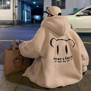 Extra Large 300 Pounds American Bear Embroidery Lamb Fur Cotton Jacket Mens Winter Thick Warm Cotton Coat Outerwear