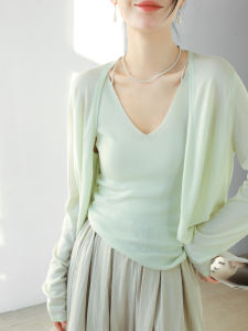 Thin Silk Knitted Open Cardigan Womens Spring Summer Sun Protection Small Jacket Air Conditioning Shirt Elegant Shoulder Top