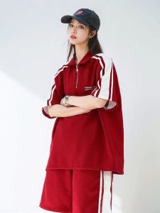 American Style Casual Loose Womens Sportswear Set Summer Student Fashion Short Sleeve Shorts Running Trend Two-Piece Suit