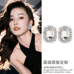 High-End Minimalist Fashion Jewelry: Geometric Pattern Alloy Earthrings with Inlaid Artificial Gems for Women