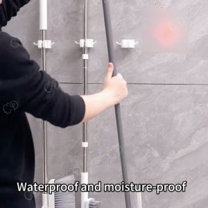CD Mop and Broom Holder Rack Waterproof Wall Mounted Self Adhesive Spring Clip Hooks Rack Mop Handle Hanging Organizer