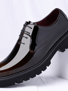Stylish Versatile Black Patent Leather Lace-up Elevated Derby Shoes