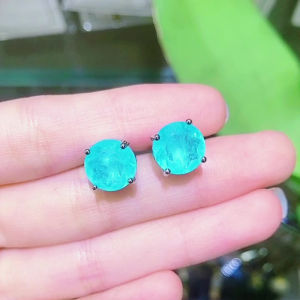 925 Sterling Silver 10mm Round Paraiba Tourmaline Gemstone Stud Earrings for Women Fashion Party Anniversary Jewelry Gift