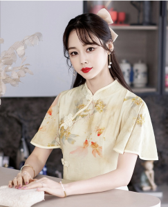 Q32 Modern Improved Cheongsam Chiffon Womens Printed Wear Midi Dress Party Casual Cheongsam Short Sleeve Cheongsam Dress