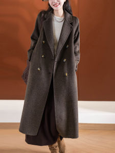 XIAOER | Herringbone Pattern Long Wool Coat