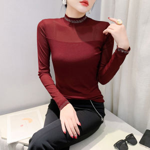 YIMEI Autumn new fashion style purple mesh T-shirt slim fit long sleeved base shirt round neck rhinestone top for women 2024