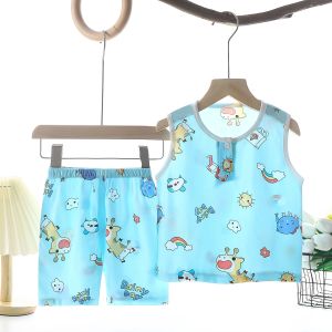 Baby Boy Summer Outfit Set Silk Cotton Thin Vest Shorts Childrens Clothing Summer Collection Comfortable Breathable Kids Clothes