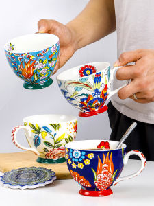 Large Capacity Ceramic Coffee Cup Hand-Painted Underglaze Color Mosaic Oats Personalized Relief Breakfast Cup Home Use Adult