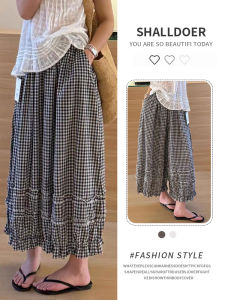 Shalldoer | Quần ống rộng họa tiết kẻ caro xếp ly cạp cao cho nữ mùa hè 2025 Quần dài thường ngày thời trang thiết kế quần dài