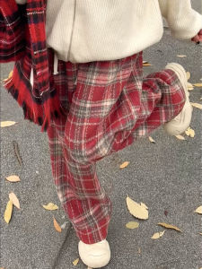Plus Size Ladies Cover Slimming Retro Red Plaid Pants Female Fleece Straight Windproof Trousers Spring & Fall New Arrival Woolen Wide-Leg Pants