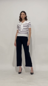 MINEOLA Minji Loose Bow Tie Striped White Knit Top (Atasan rajut wanita kekinian korean style)