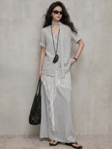 GULILI | Unique Design Shallow Grey Striped Short-sleeved Shirt and Lace Bottom Skirt Suit