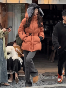 DANTING | Orange Hooded Waist-cinching Thick Winter Down Jacket Mid-length