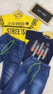 Setelan Anak Laki-Laki Baju dan Celana Panjang Jeans Atasan Kaos Katun Anak Laki-Laki Usia 2-12 Tahun