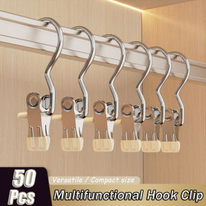 50pcs Portable Stainless Steel Anti-slip Clip Closet Space Saving Storage Clip with Hook Balcony Laundry Drying Windproof Clip Laundry Hook Hanging Clothes Pins
