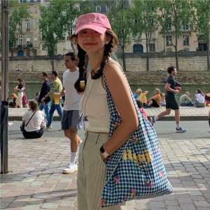 Large Capacity Plaid Canvas Bag Single Shoulder Commuter Bag French Style Tote Bag Soft Handle Daily Match Foldable Handbag