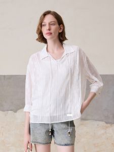 MSLAN Spring French Lace Embroidery White Shoulder-Drop V-Neck Drawstring Sweatshirt Breathable Lightweight Casual Shirt