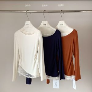 High-End Womens Lace Shirt Shoulder Bared Pumpkin Color Base Layer Long Sleeve Commute Style Pure Color South Oil Garment