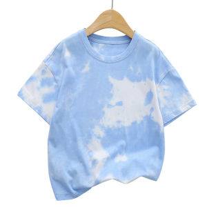 Ultra-Thin Breathable Childrens Tie-Dye Short Sleeve T-Shirt Pure Cotton Skin-Friendly Plant-Dyed Casual round Neck Top