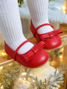 Christmas Baby Girls Mary Jane Flats with Bowknot Floral Princess Wedding Dress Shoes Soft Newborn Infant Crib First Walkers Pre