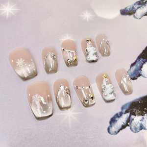 Winter New Handmade Wearable Nail Art Pure Light Therapy Nail Stickers Crystal Cats Eye Hand-Painted Snowflake Christmas Limited Edition