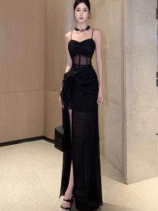 ชุดเดรสยาวสายเดี่ยวเซ็กซี่สไตล์ฝรั่งเศส ผ้าตาข่าย ชุดราตรี งานปาร์ตี้วันเกิด ฤดูใบไม้ร่วง/ฤดูหนาว กระโปรงทรงเอ เดรสยาว