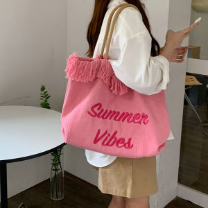 IELGY womens tote bag large-capacity pink canvas simple all-match temperament commuter shoulder bag