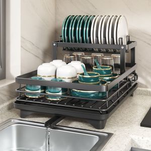Dish Rack with Drainer Dish Drying Rack Over Sink with Telescopic Arms Functional Kitchen Sink Organizer for Vegetable Fruit and Tableware