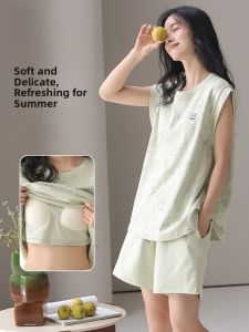 MiiOW | Pure Cotton Sleepwear Womens Summer Thin Home Clothes With Chest Pad Self-Contained Large Size Casual Sport Style Short Sleeve Round Neck
