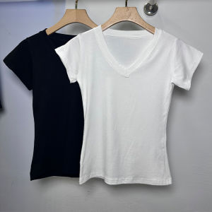 American Retro Pure Color V-Neck Short Sleeve T-Shirt for Women Spring Season Design Slim Fit Versatile Top