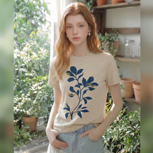 Plant Print Loose Short Sleeve T-Shirt Slim Fitting Round Neck Top