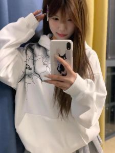 เสื้อสเวตเตอร์มีฮู้ดแบบหนาพิมพ์ลายเมฆฤดูใบไม้ร่วง/ฤดูหนาวสำหรับผู้หญิง เสื้อคลุมกันหนาวแบบสวมหัวแขนยาวคอตตอนผสมพิมพ์ลายเมฆ