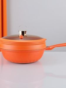 Home Use Titanium Wok Low Oil Pressureless Cooking Smokeless Multi-Function Flat Bottom Pan with Steamer Integrated Design