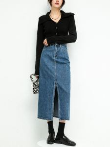 Retro High Waist Midi Soft Denim A-Line Skirt Split Slim Fit Long Skirts Commute Style No Lining Pocket Detail Pure Color