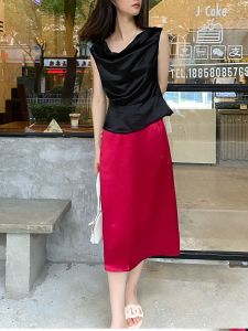 Silky Drapey Half Skirt Fashion Split A-Line Skirt High Waist Commute Style Midi Length Pure Color Three-acetate Satin Fabric