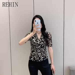 REHIN Women‘s top Summer new fashion printed V-neck pleated mesh Letter Print short-sleevedshirt floral eleganr blouse