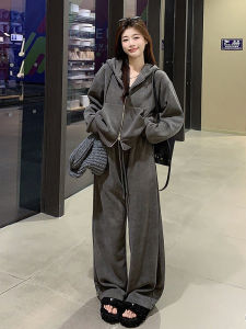 สไตล์เกาหลี ลำลอง หลวม ขากว้าง กางเกง ชุดผู้หญิง ฤดูใบไม้ผลิ ฤดูใบไม้ร่วง 2024 ใหม่ เสื้อฮู้ด ชุดสองชิ้นแฟชั่น ผ้าฝ้าย แขนยาว ซิป