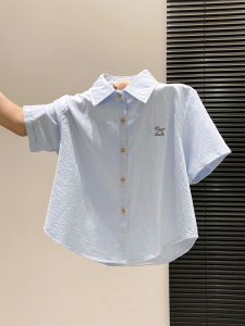 LUOSHAO | Áo Sơ Mi Tay Ngắn Màu Xanh Thêu Hàn Quốc Kích Thước Nhỏ