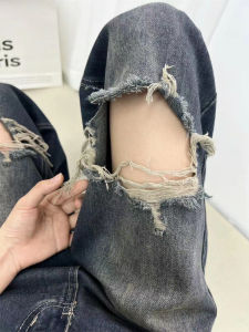 Womens Summer New Hole Denim Pants Thin Wide Leg Loose Slim Straight Tube Cover Hip High Waist Long Zipper Ultra Thin Deep Color