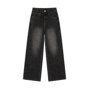 Retro Aged Leopard Pattern High Waist Loose Straight Design Jeans