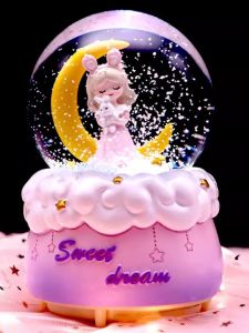 Hộp Đựng Nhạc Cầu Lê Princess Moon Glowing Rotating Snow Birthday Gift for Bé Gáis Friend Music Box Nordic Style Decorative