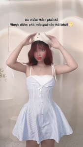 Đầm Tiểu Thư Hai Dây Cổ Bẻ Phối Ren TIBU Đầm Công Chúa Cột Nơ Kẻ Sọc Sang Chảnh Đi Chơi Biển Dự Tiệc D388