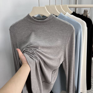 Soft Cashmere Feel Small Stand-up Base Shirt Womens Autumn and Winter Warm High Elastic Pure Color Knitwear T-shirt Tops