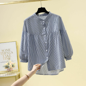 เสื้อเชิ้ตผู้หญิงแขนยาวบางสบายๆ ทรงหลวม คอปกสูง ลายทาง แฟชั่นฤดูร้อน 2023 เสื้อเชิ้ตผู้หญิงอเนกประสงค์