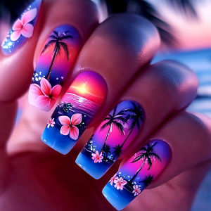 24pcs/set Medium Long Fake Nails for Summer Autumn Winter Gradient Purple Blue Starry Sky Sunset Flower Y2K Press On False Nails