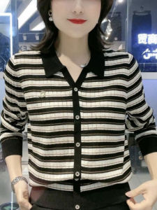 Stretch Long Sleeve Lapel Pullover Tops Female 2023 Autumn New Arrival Loose Belly-Covering Younger Fashion Stripes Knitwear