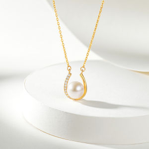 ZHOU LIU FU 周六福 S925 สร้อยคอเงินสเตอร์ลิง 8.5-9mm Freshwater Pearl Necklace 18K Gold Plated Cubic Zircon Adjustable Chain Timeless Jewelry Gift for Women Her 40+5CM X0614564