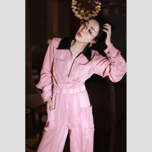 Elegant French High Waist One-Piece Pantsuit Pink Goddess Style Women Spring Fashionable Commute Wide Leg Long Pants
